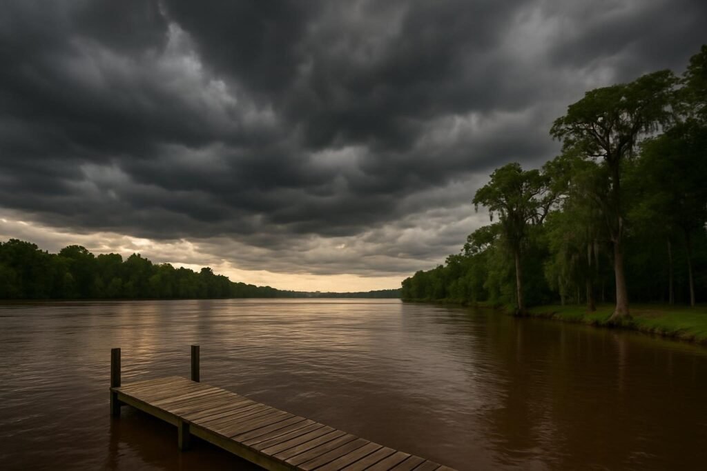 Storm clouds gathering over the river, a reminder of hurricane season in New Bern