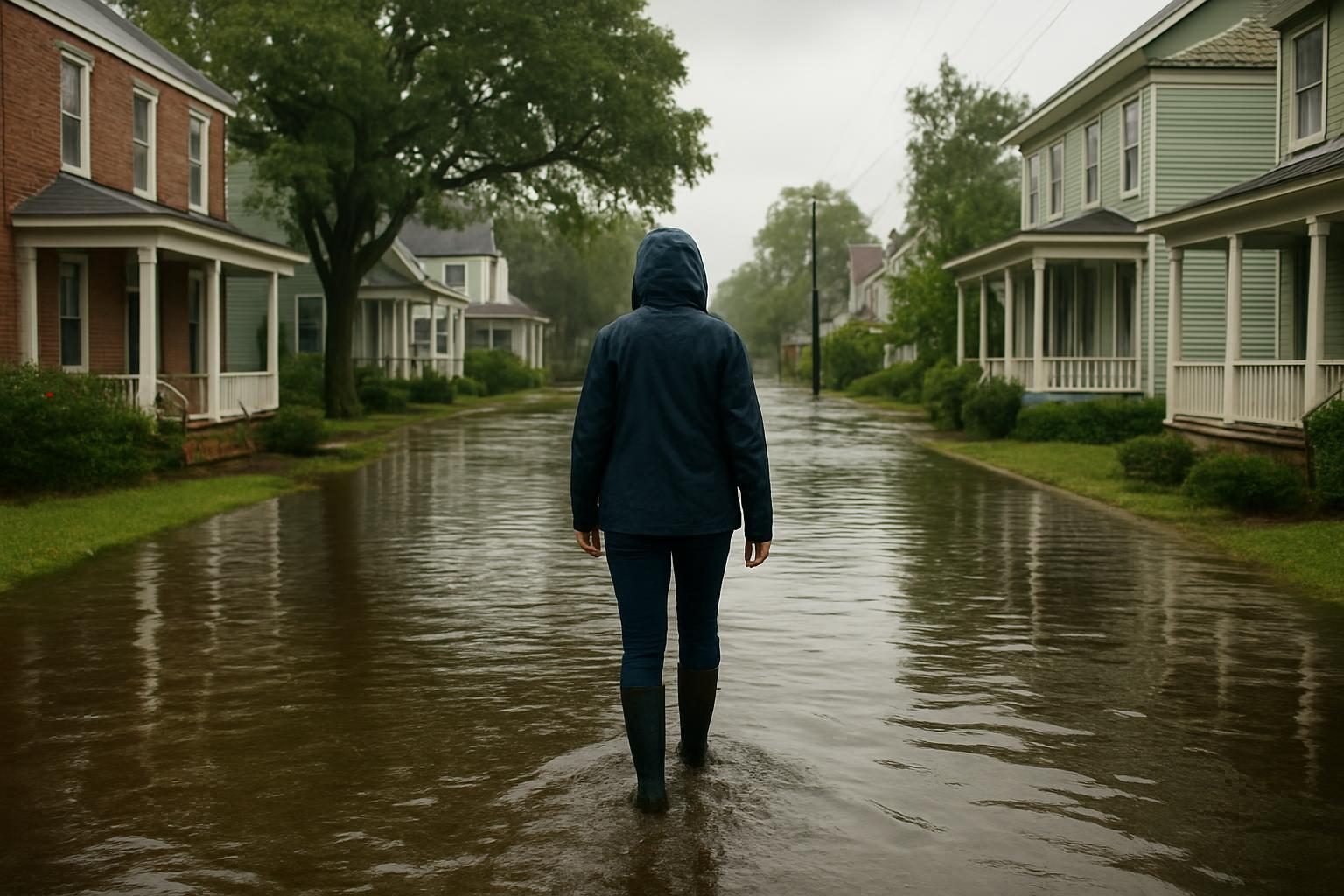 Floodwater covering a quiet residential street after heavy rain