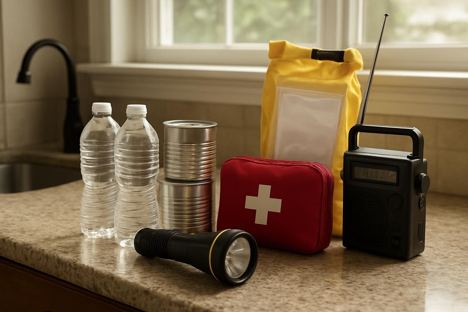 Emergency supplies laid out on a kitchen counter