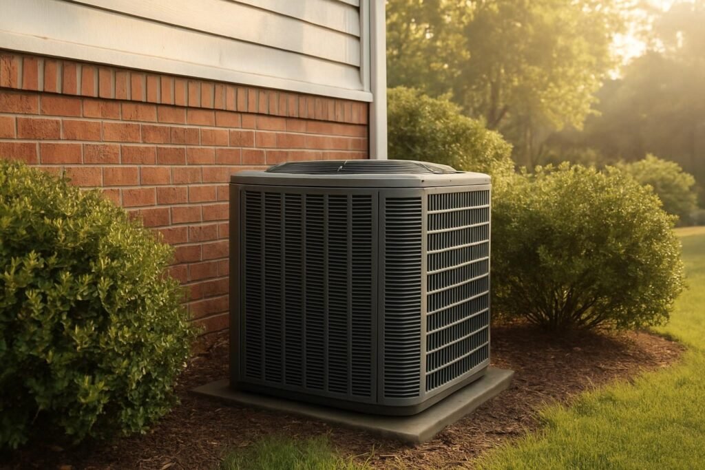 Outdoor AC unit beside a home, representing HVAC repair in New Bern, NC