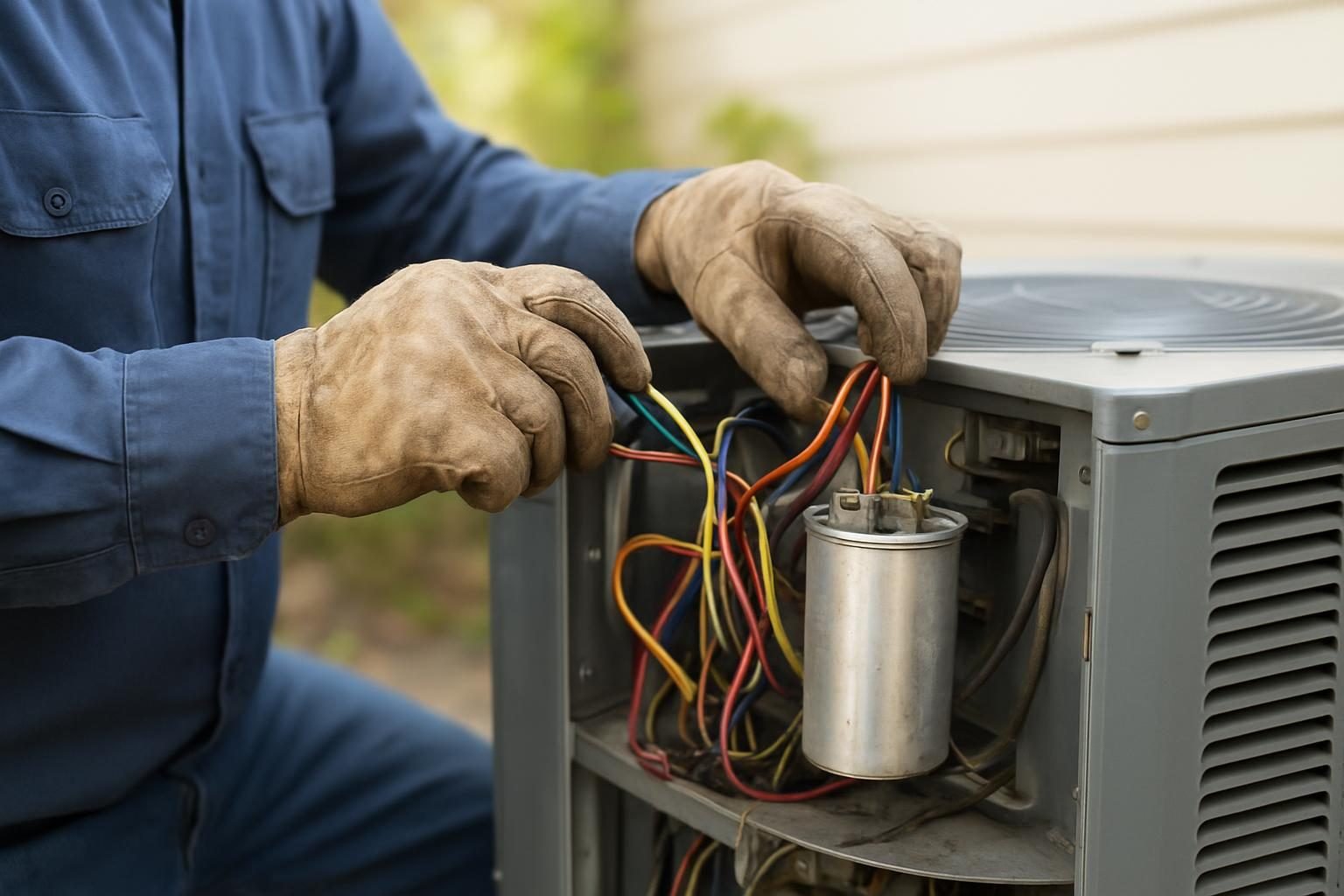 Technician inspecting electrical parts inside an outdoor air conditioner