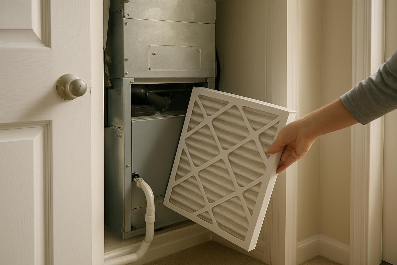 Homeowner changing an air filter next to an indoor air handler