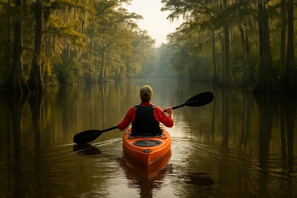 Kayaker paddling a calm creek, kayaking New Bern NC style, with cypress trees along the bank