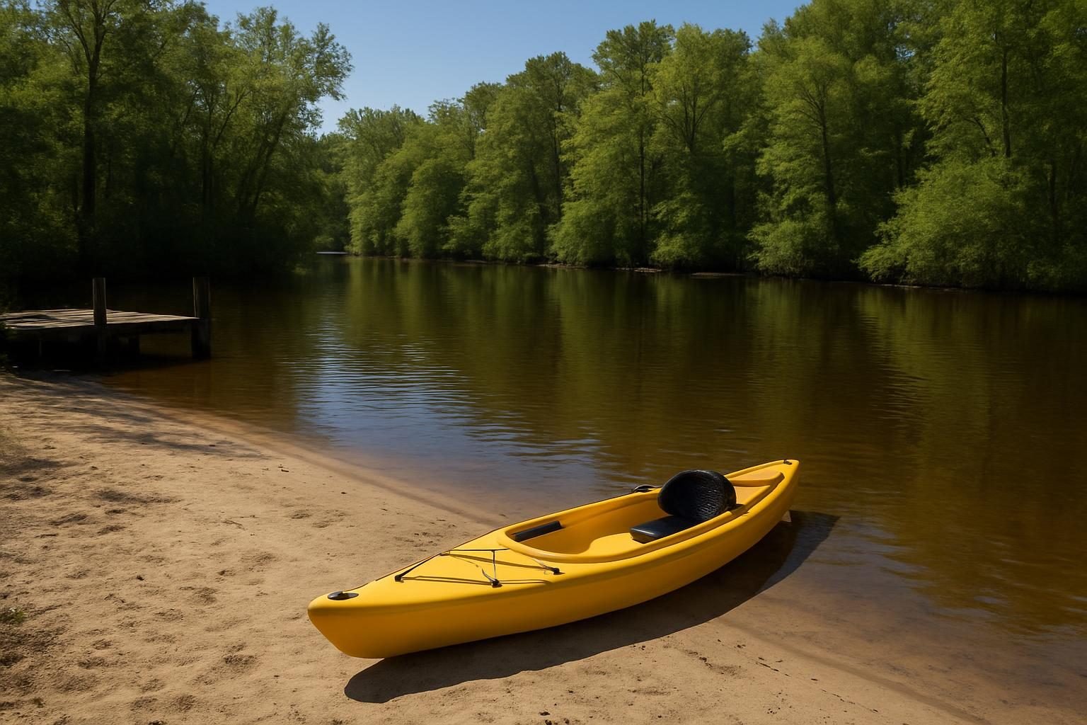 Kayak at a small creek launch surrounded by green trees