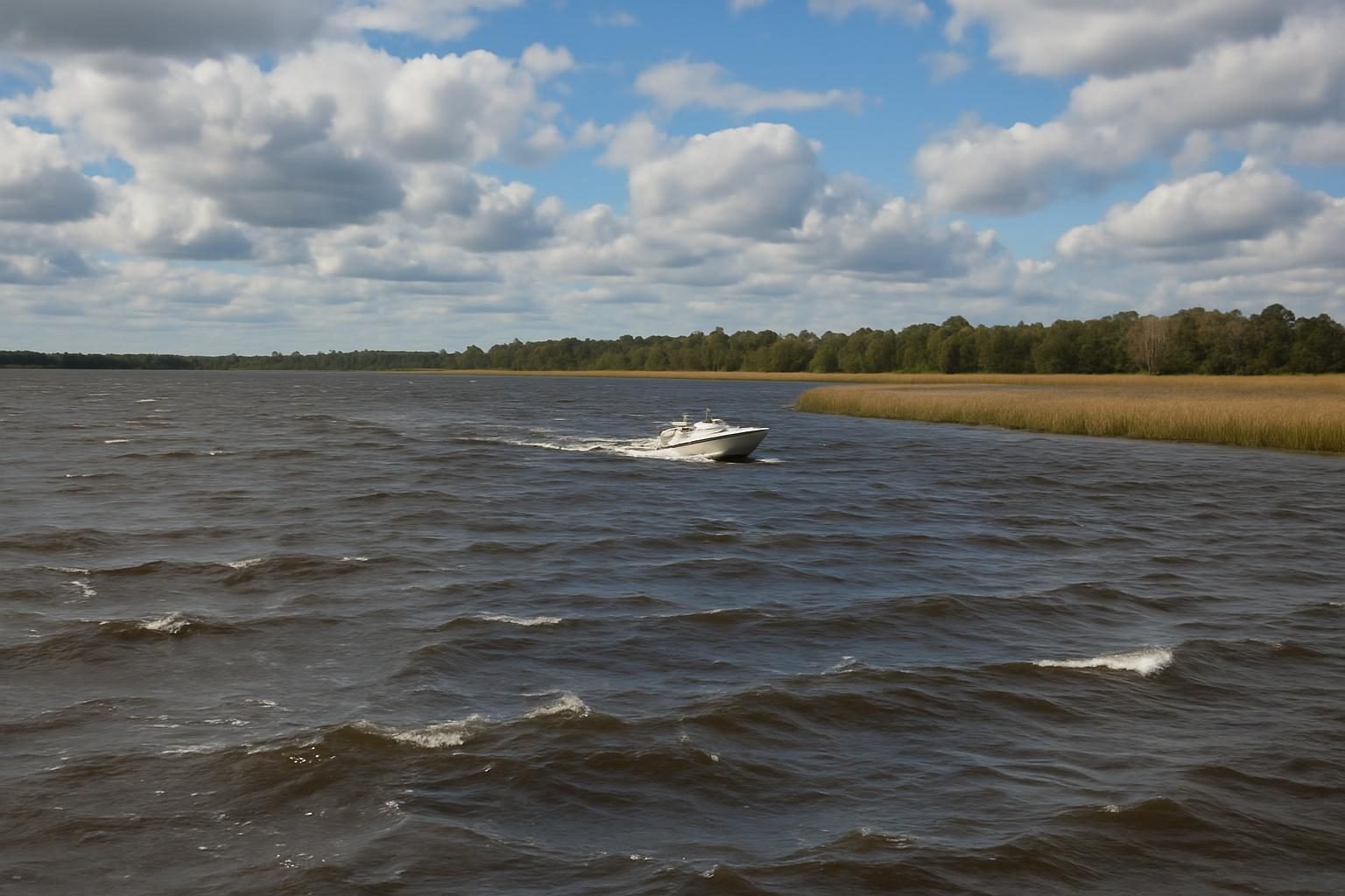 Windy open river with choppy water and a distant motorboat
