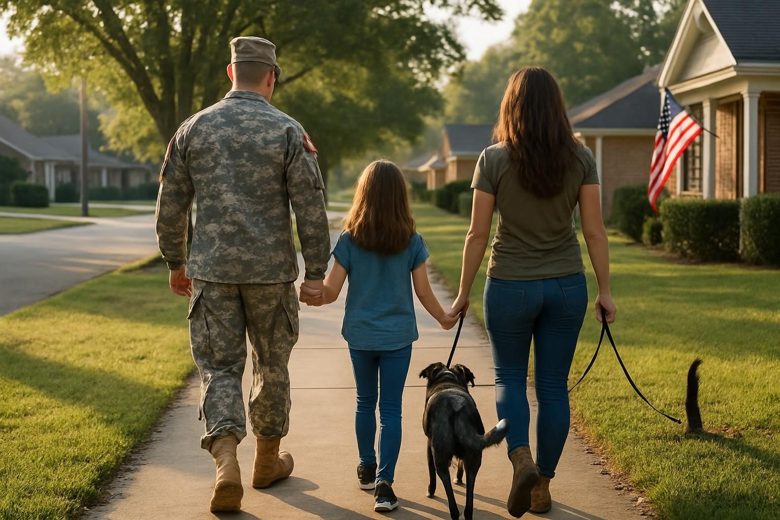 Family walking a dog through a neighborhood near a military base