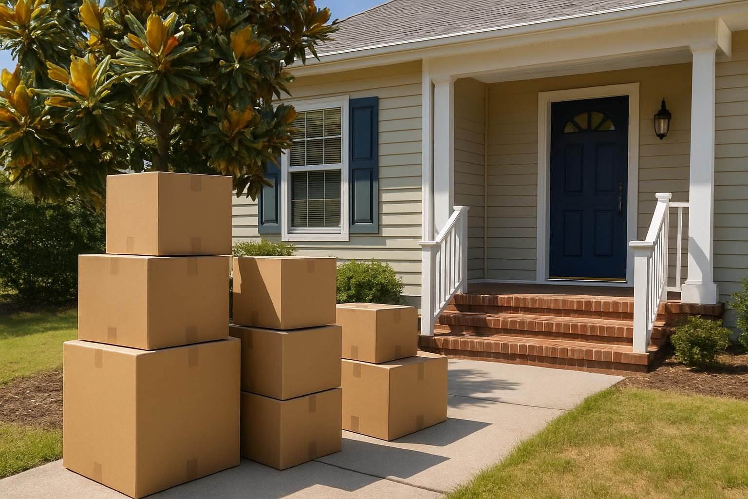 Rental home porch with moving boxes in coastal North Carolina