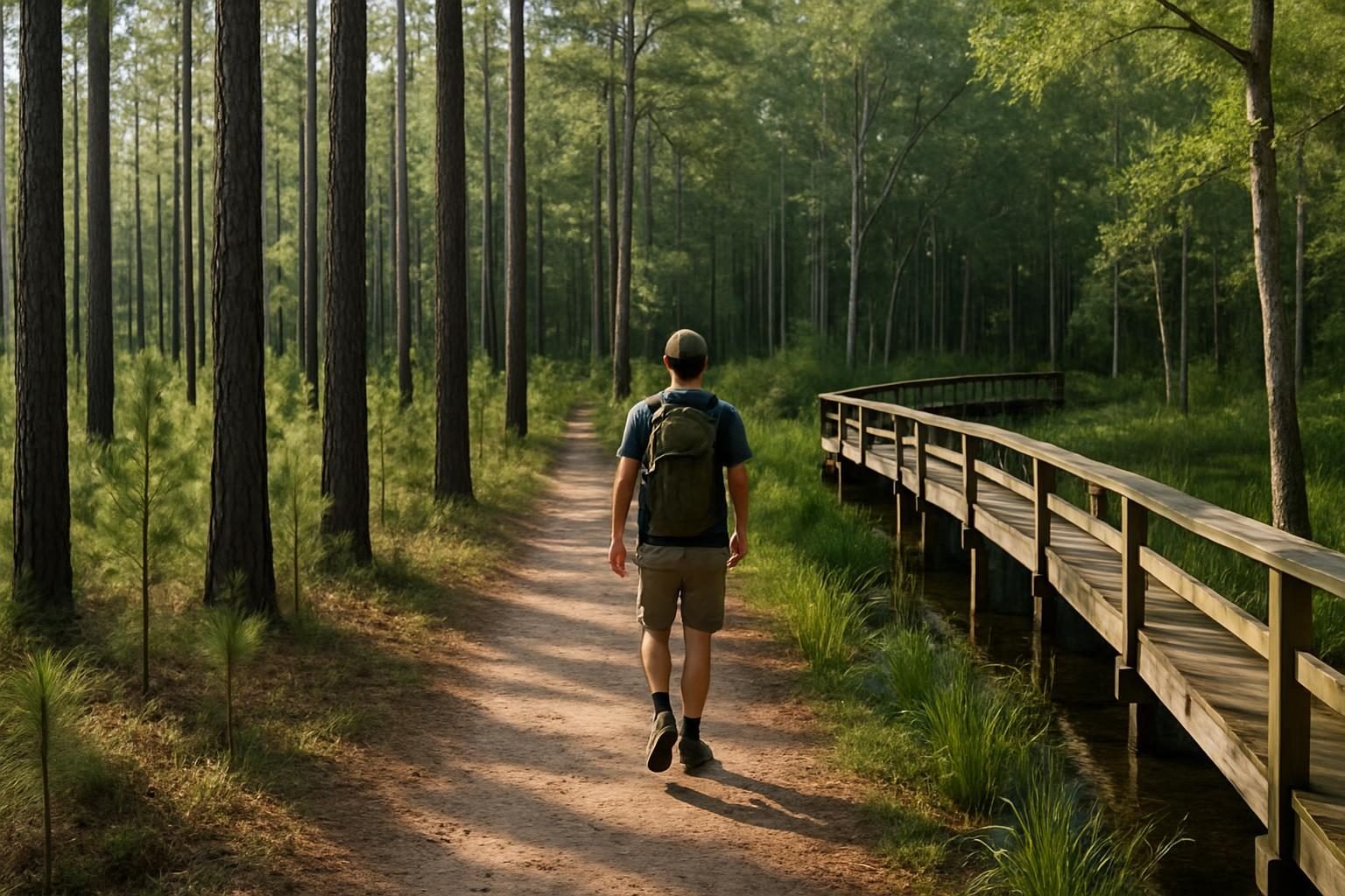 Forest trail through pines and wetlands in eastern North Carolina