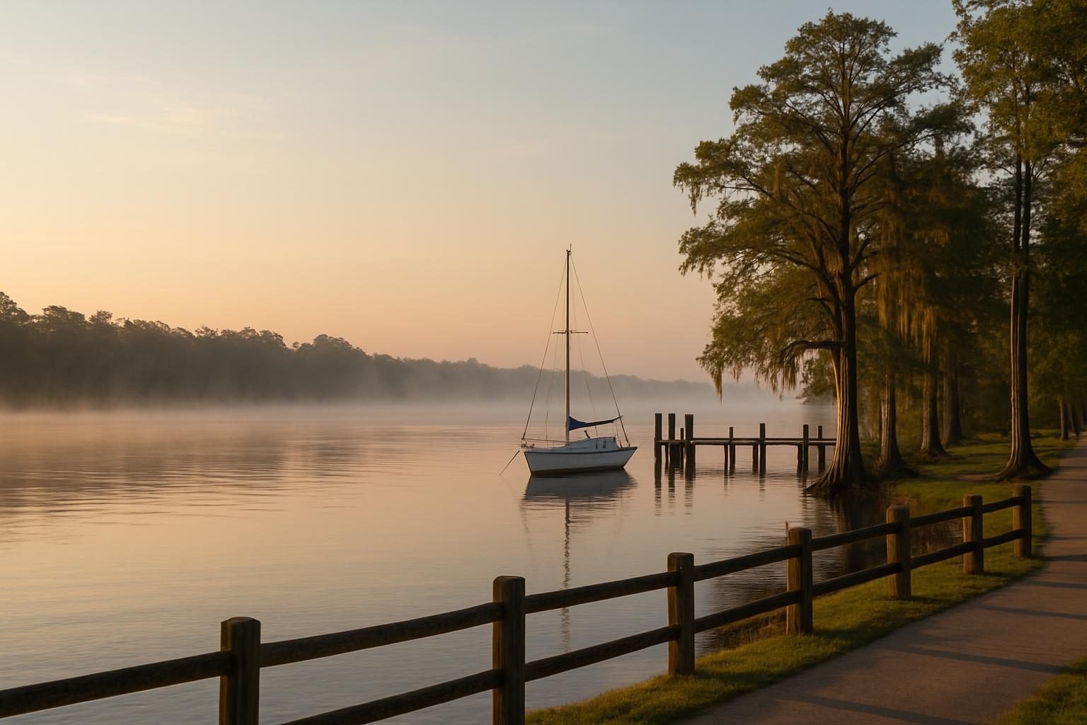 Calm river at sunrise with a sailboat near a dock