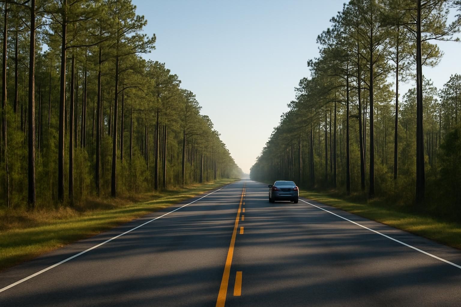 Highway through coastal pine forest on a morning commute