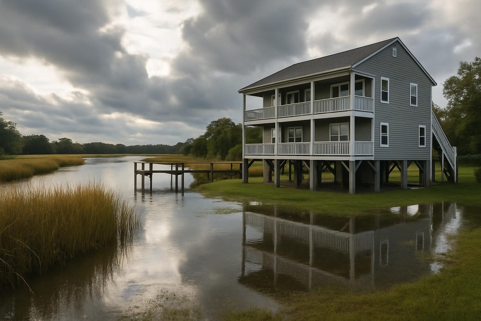 Raised waterfront home beside a creek after heavy rain
