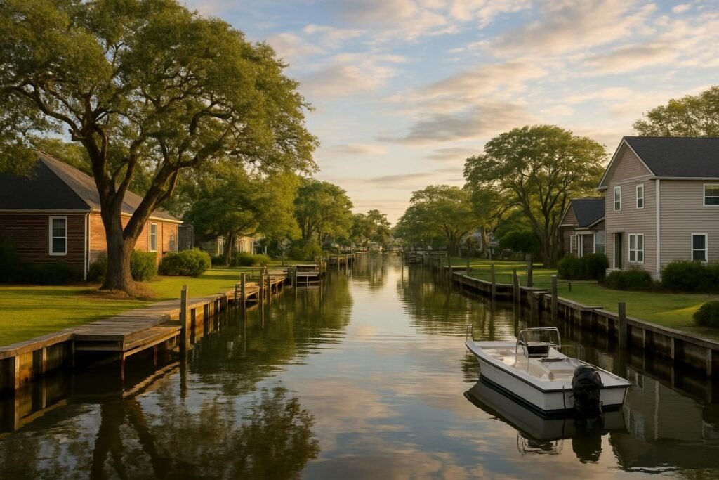 Living in River Bend NC: a quiet canal lined with docks and homes on the water