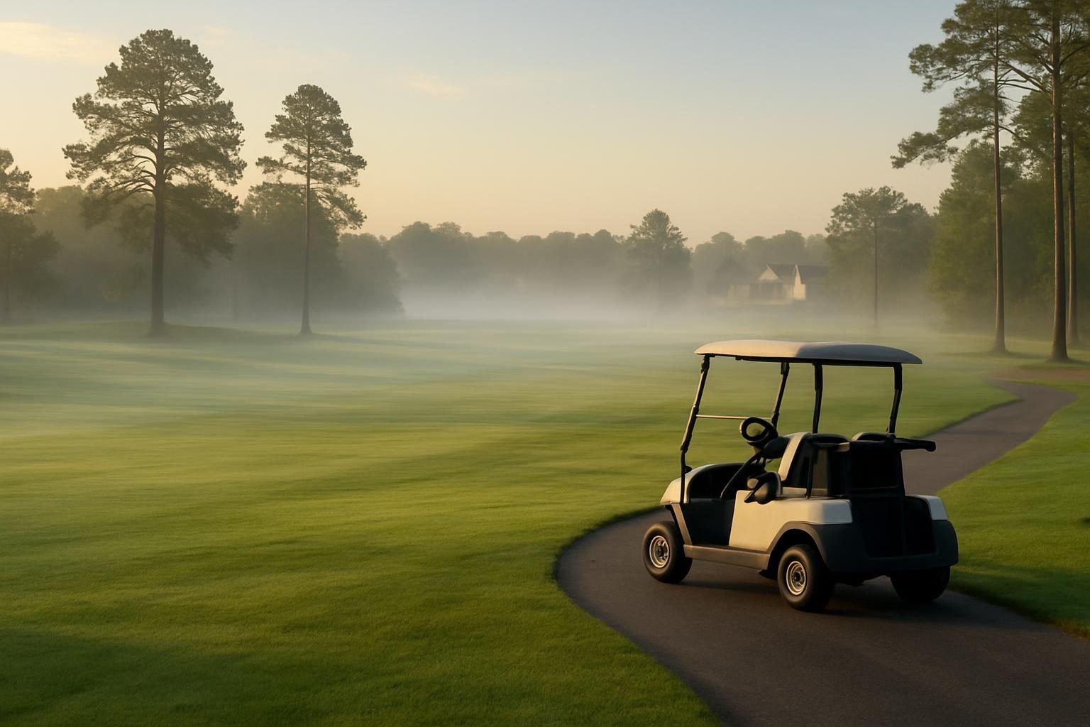 Golf course fairway at sunrise with pines and homes in the distance