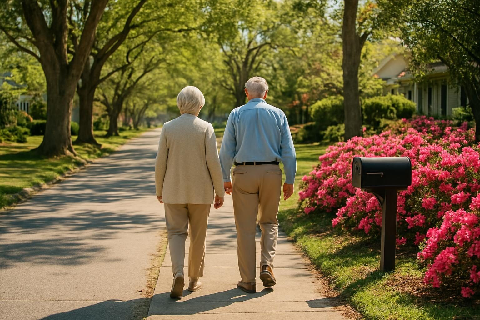 Residents walking along a tree-lined neighborhood street