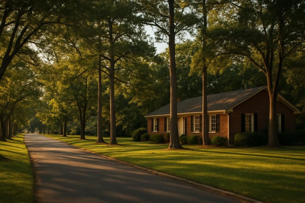 Quiet wooded street in Trent Woods NC with tall pines and brick homes on large lots