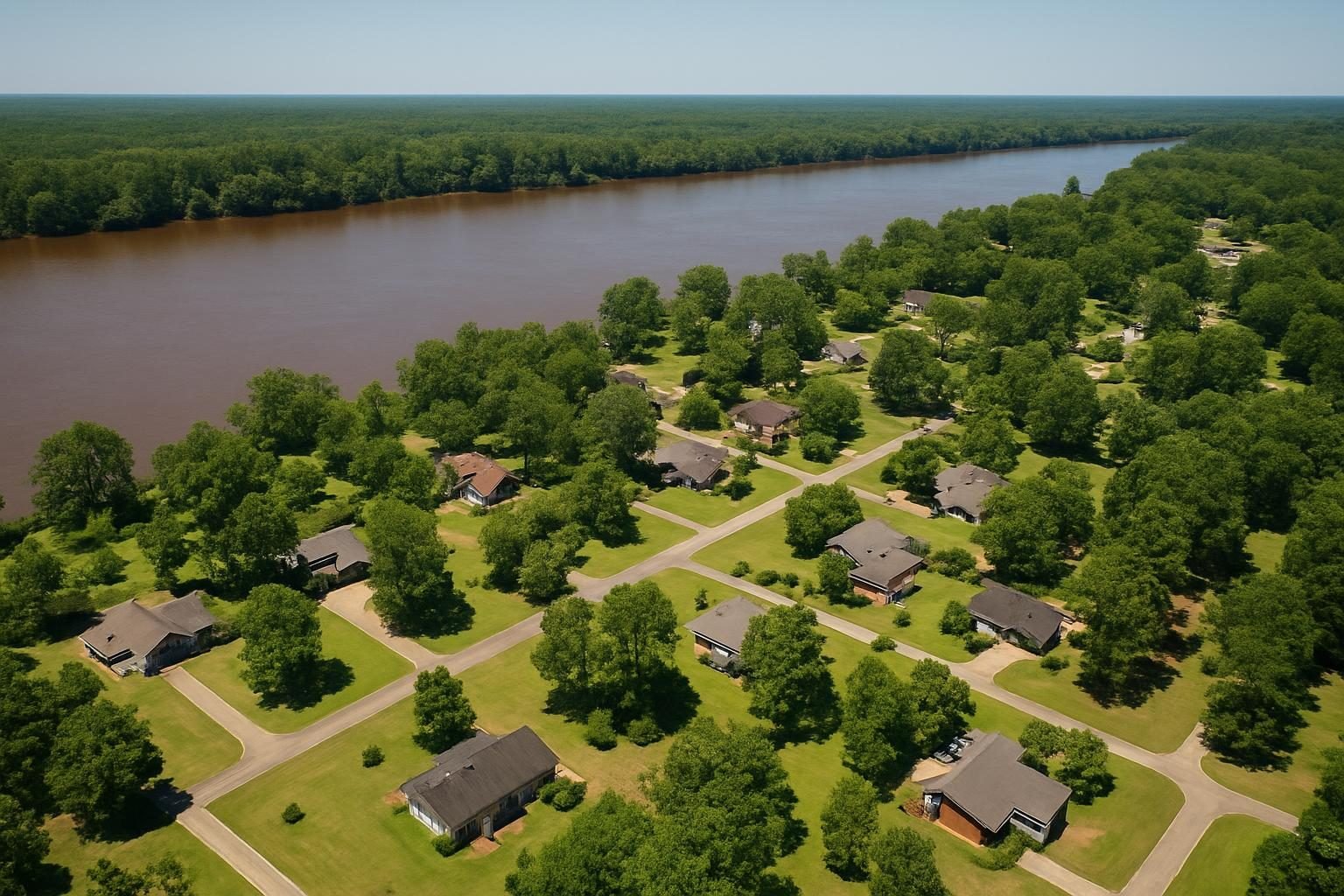 Aerial view of wooded home lots beside a river in eastern North Carolina