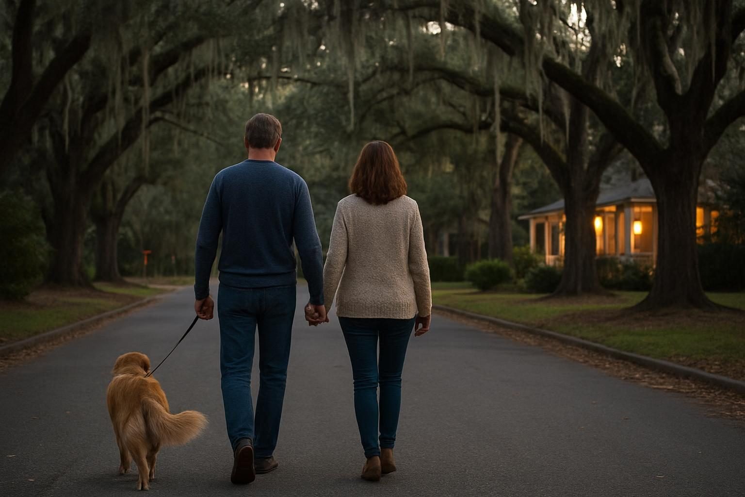 Residents walking a dog on a quiet shaded road at dusk