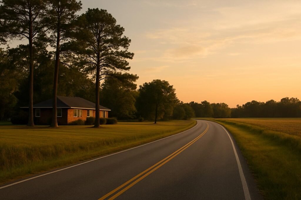 Rural road and brick home on a large lot, living in Vanceboro NC