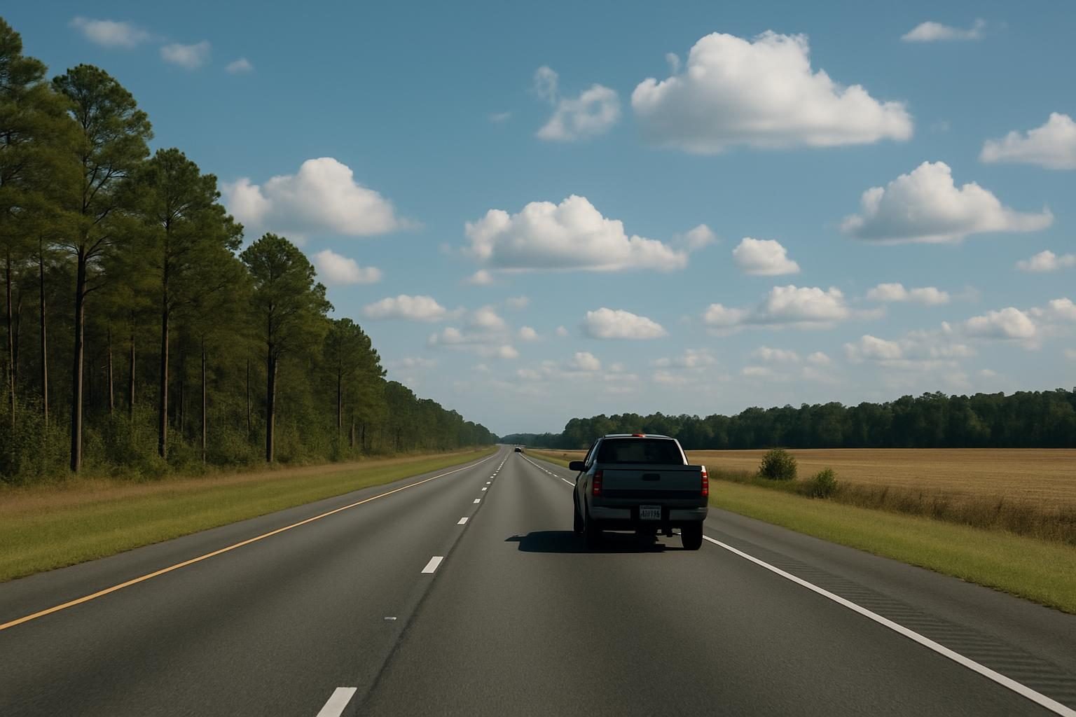Truck on a divided highway through pine forest and farmland