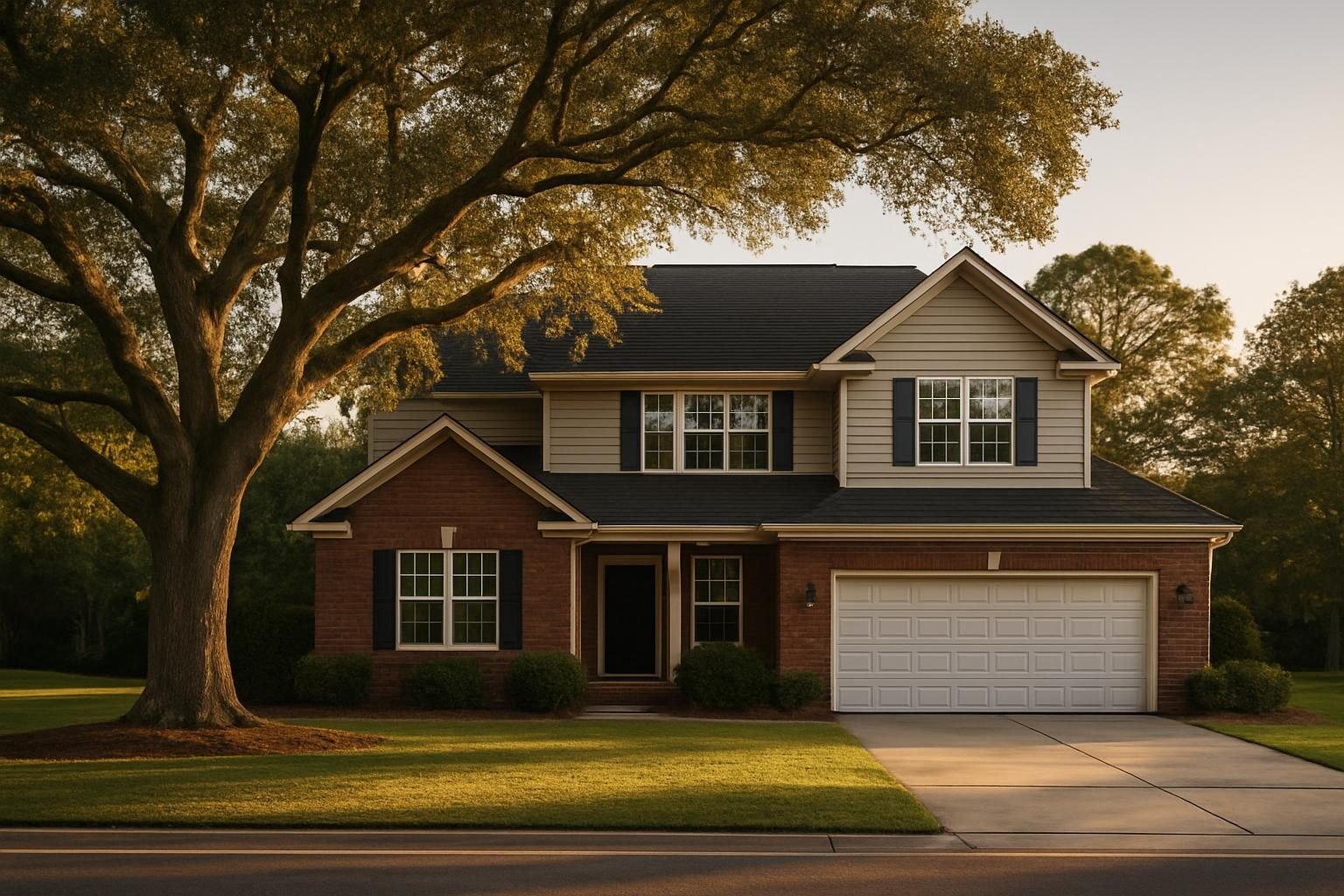 Single-family home with a lawn and live oak in a coastal North Carolina neighborhood