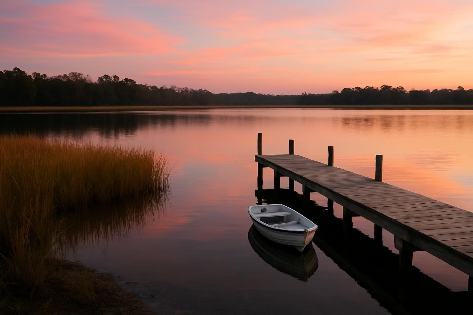Wooden dock and small boat on a calm tidal river at dusk