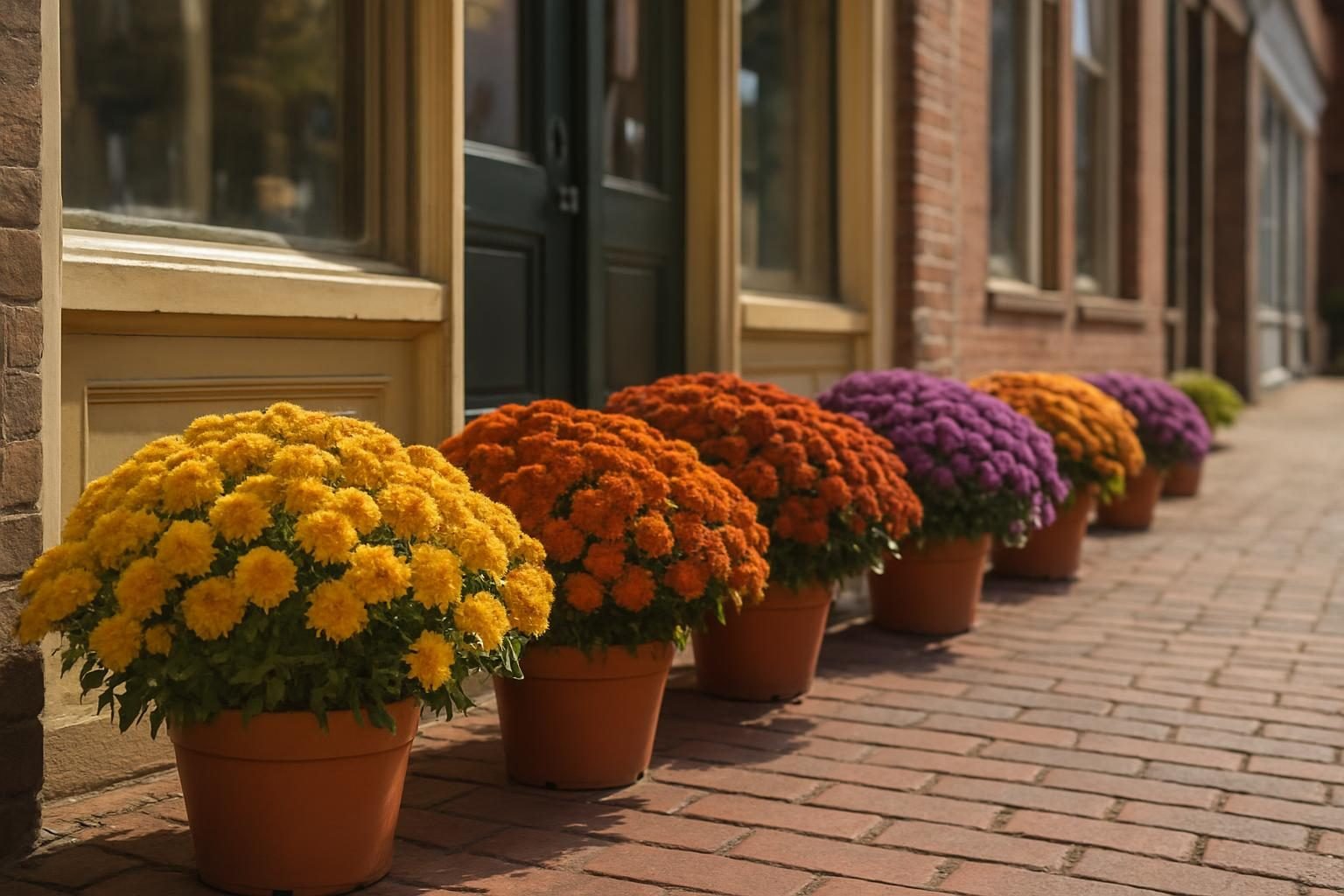 Potted fall chrysanthemums on a brick sidewalk in a historic eastern NC downtown