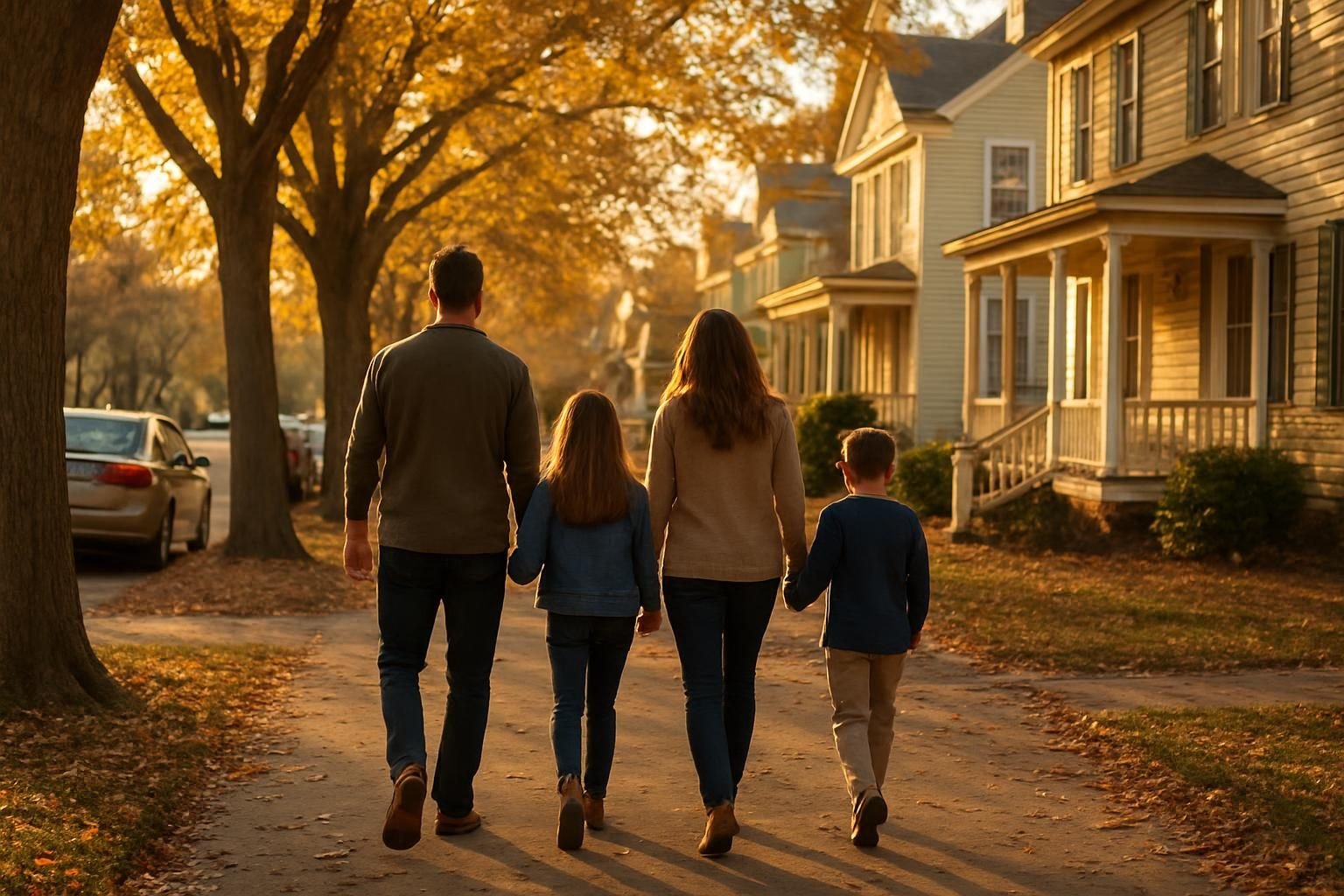 Family walking from street parking toward a downtown festival in a historic neighborhood