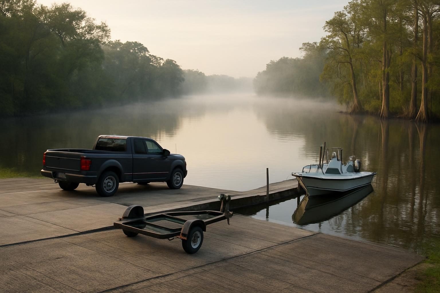 Boat ramp on a quiet river at sunrise with a small fishing boat at the dock