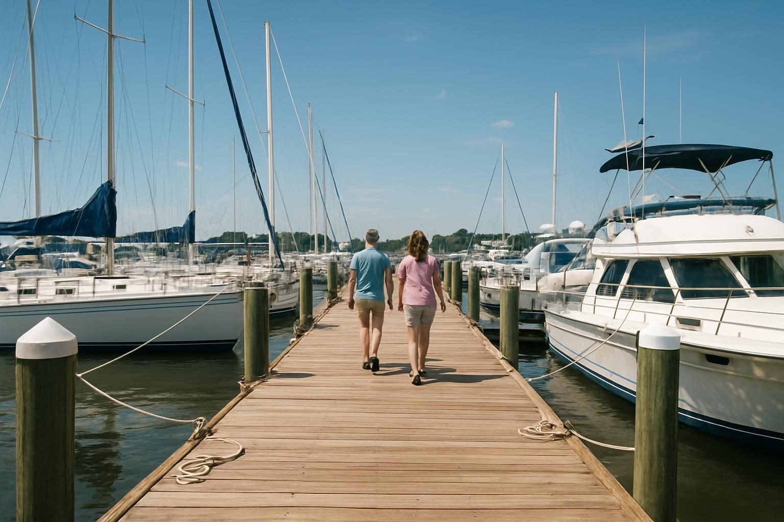 Marina docks with sailboats and powerboats on a sunny afternoon