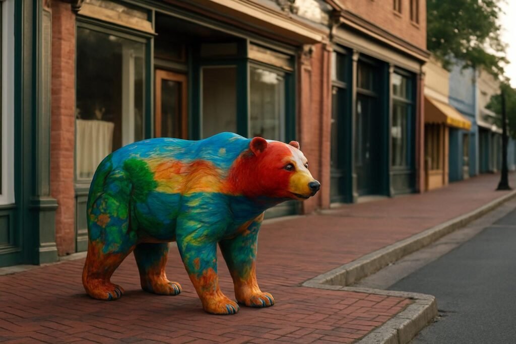 Painted bear statue on a downtown sidewalk, one of the New Bern bear statues