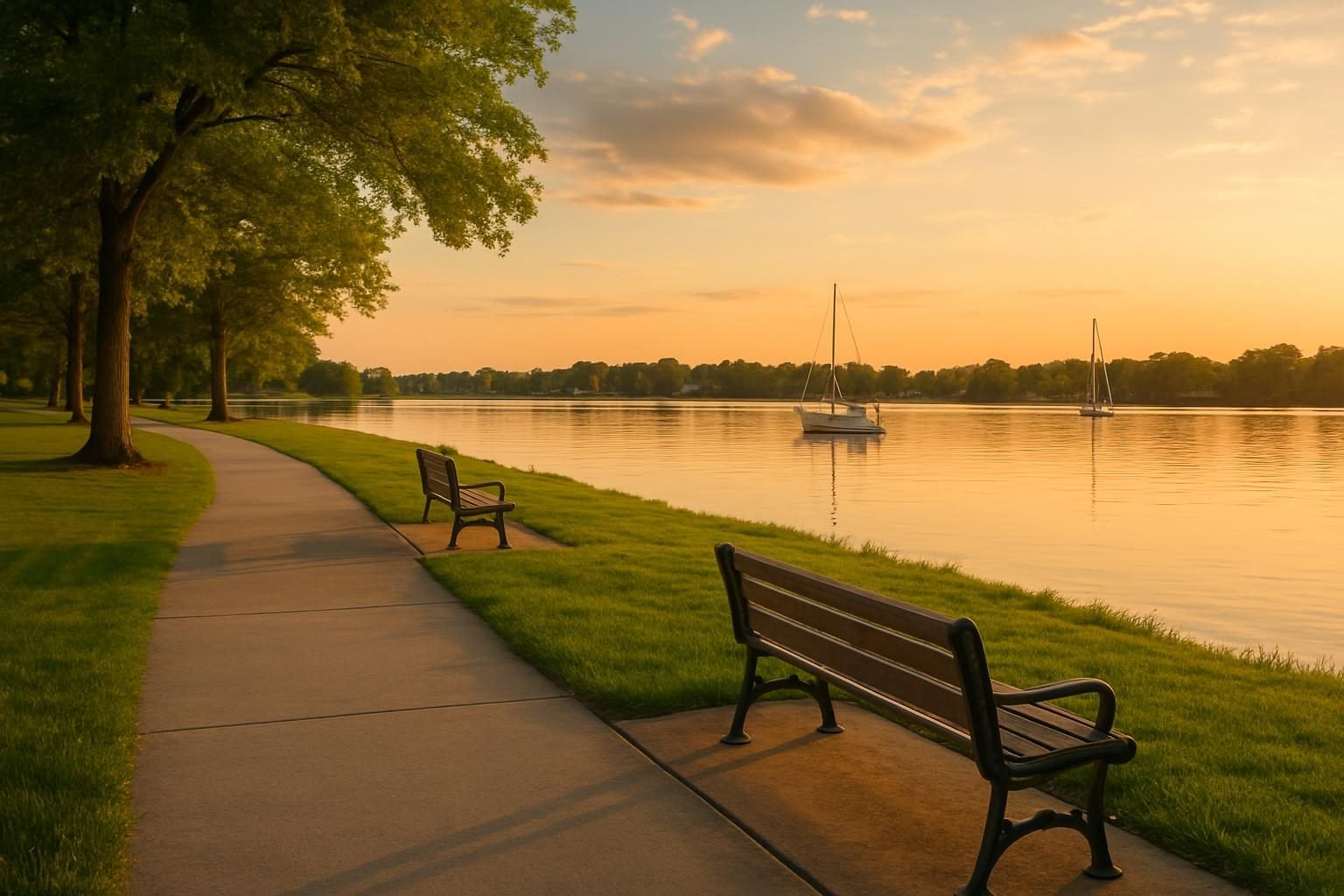 Riverfront park path beside a calm river at golden hour