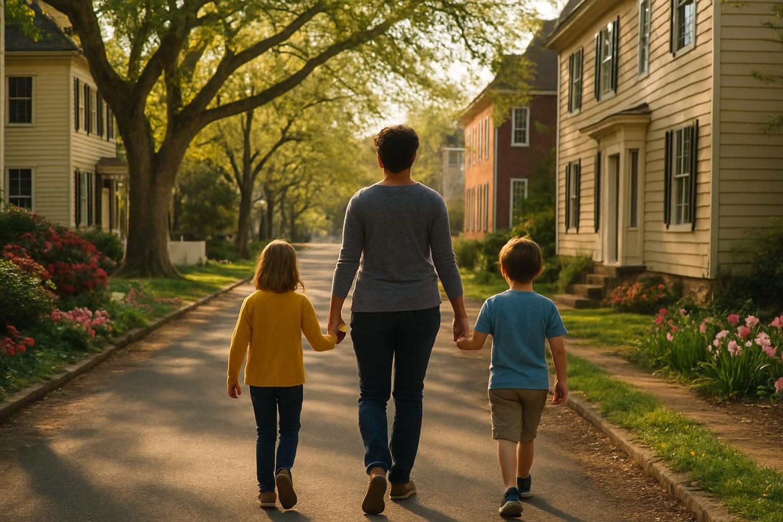 Family walking down a tree-lined historic street