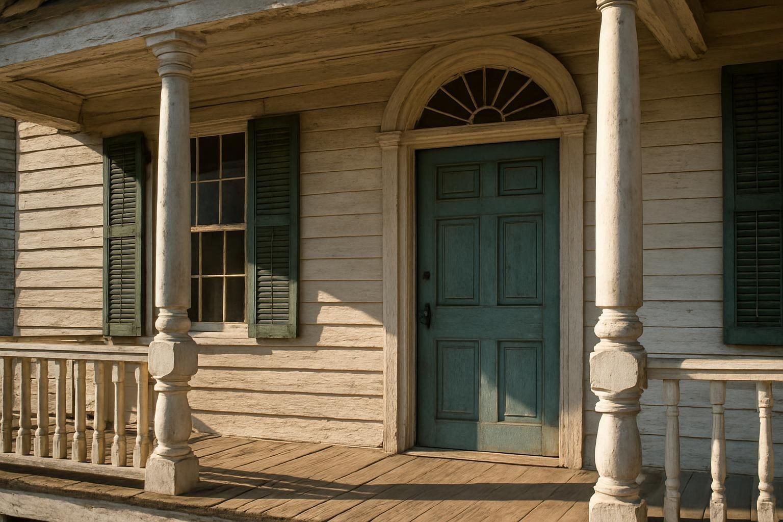 Detail of an old porch and fanlight door on a historic house