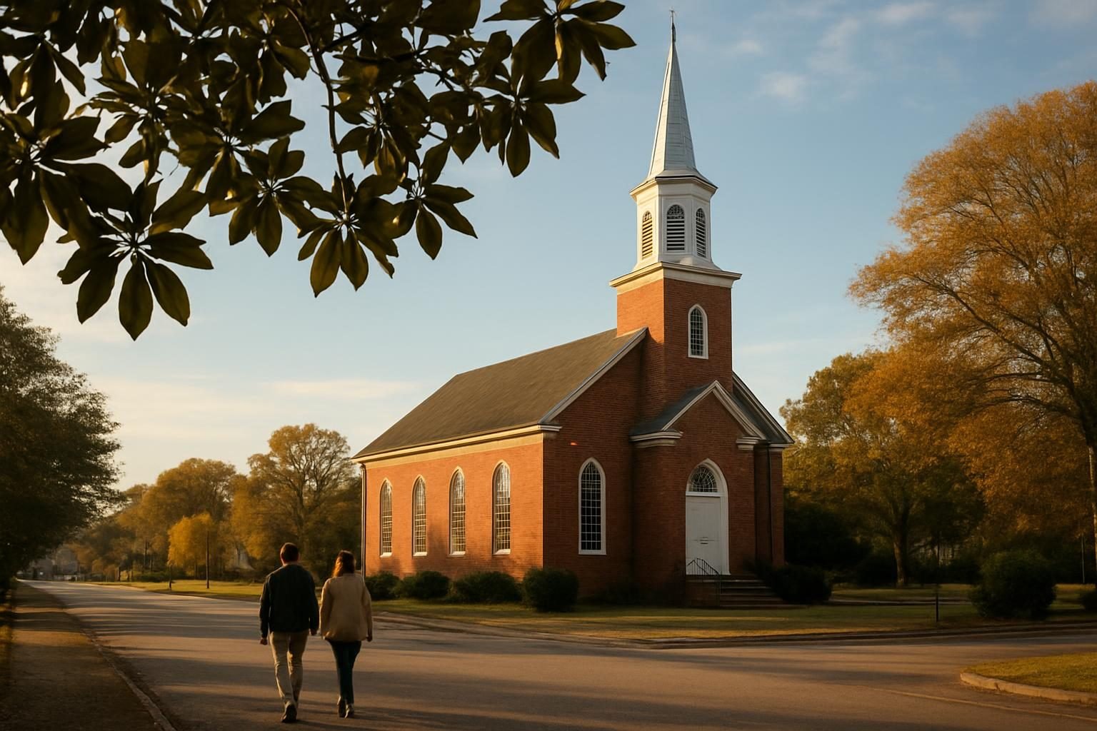 Historic brick church with white steeple on a quiet street