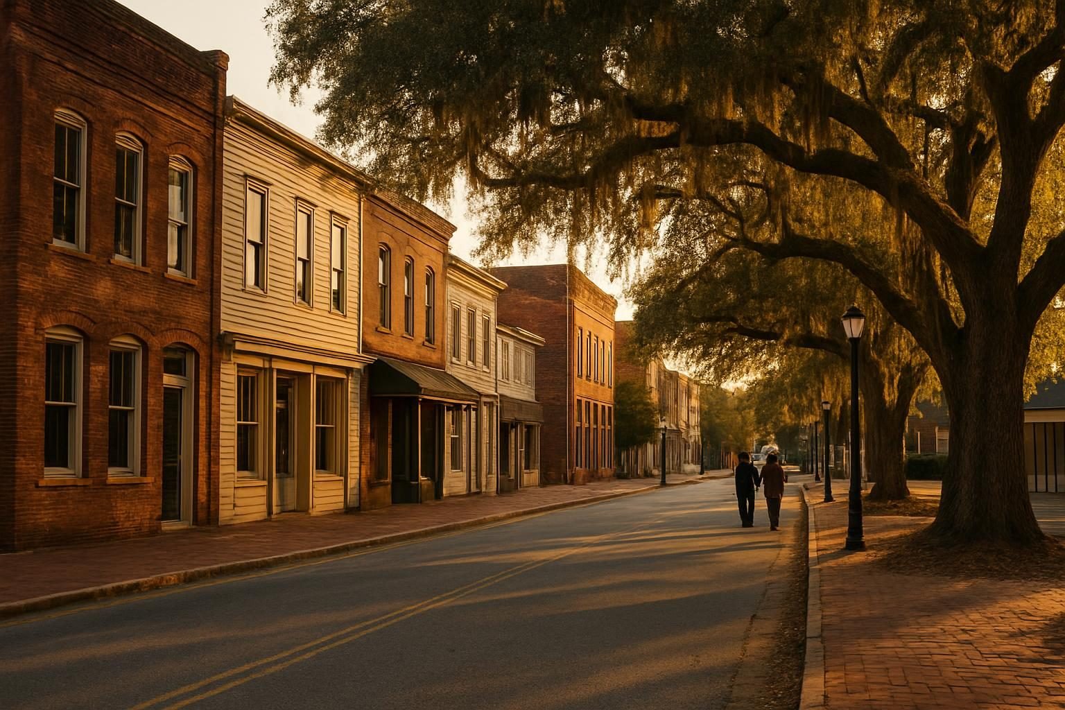 Historic downtown street lined with old brick buildings and shade trees