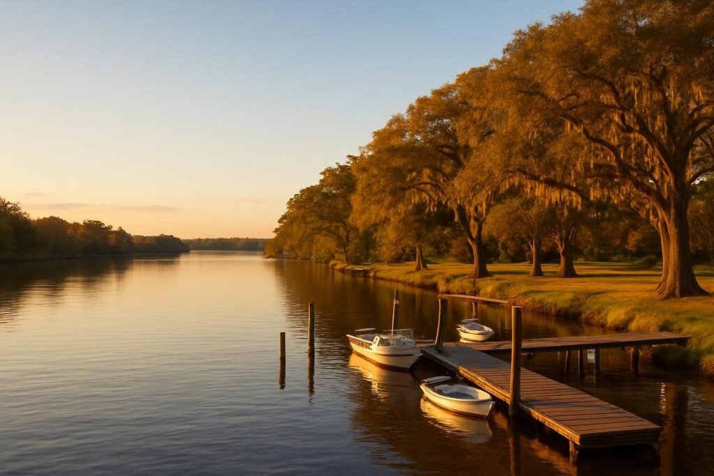 Calm river waterfront at golden hour, illustrating new bern weather by month