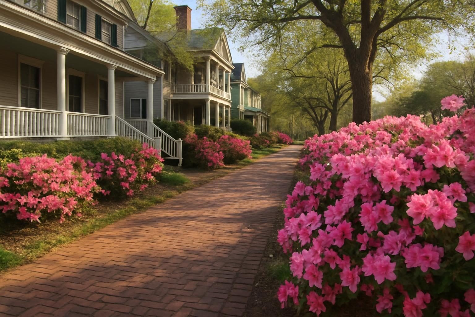 Azaleas blooming along a historic Southern street in spring