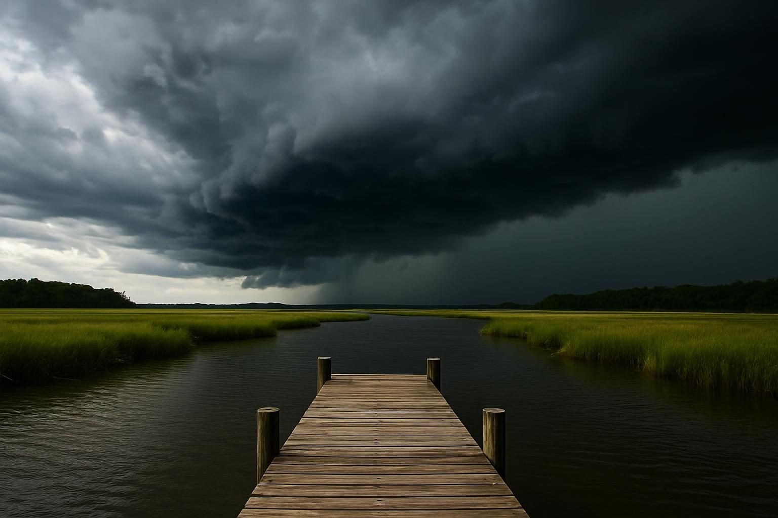 Storm clouds building over a marsh and wooden dock in late summer