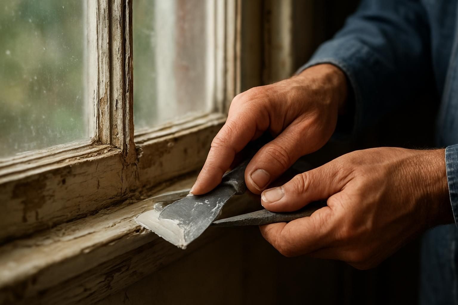 Carpenter re-glazing an original wood window sash on an older home