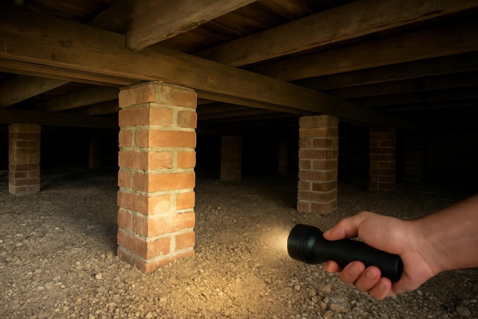 Brick piers and floor joists in a crawl space beneath an older house