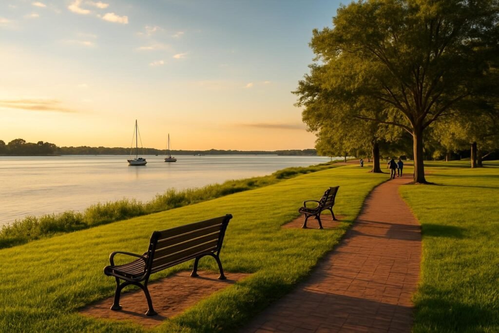 Riverfront green space, one of the best parks in New Bern NC, at golden hour