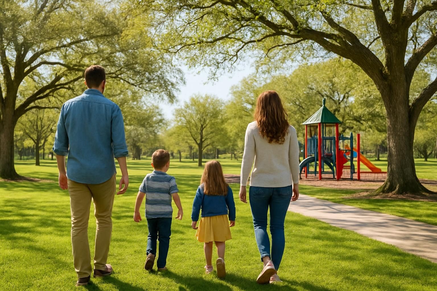 Families and children at a playground and walking path in a city park