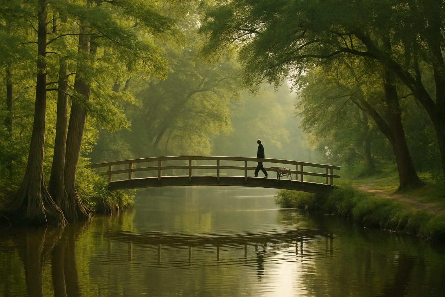 Shaded creekside path with a footbridge and a walker with a dog