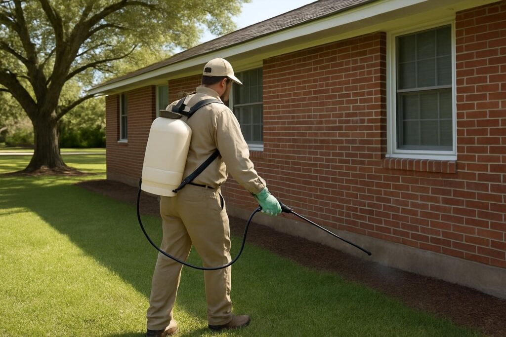 Pest control technician treating a home foundation perimeter in New Bern, NC