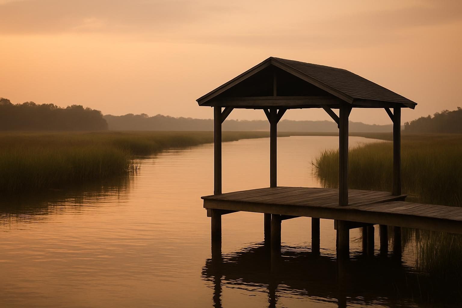 Marshy creek and dock at dusk where mosquitoes gather near New Bern