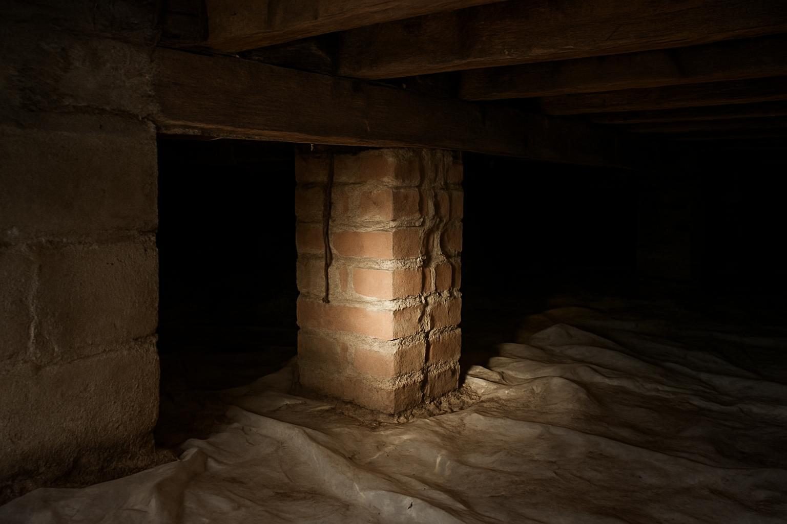 Crawl space with wooden joists and brick piers inspected for termites