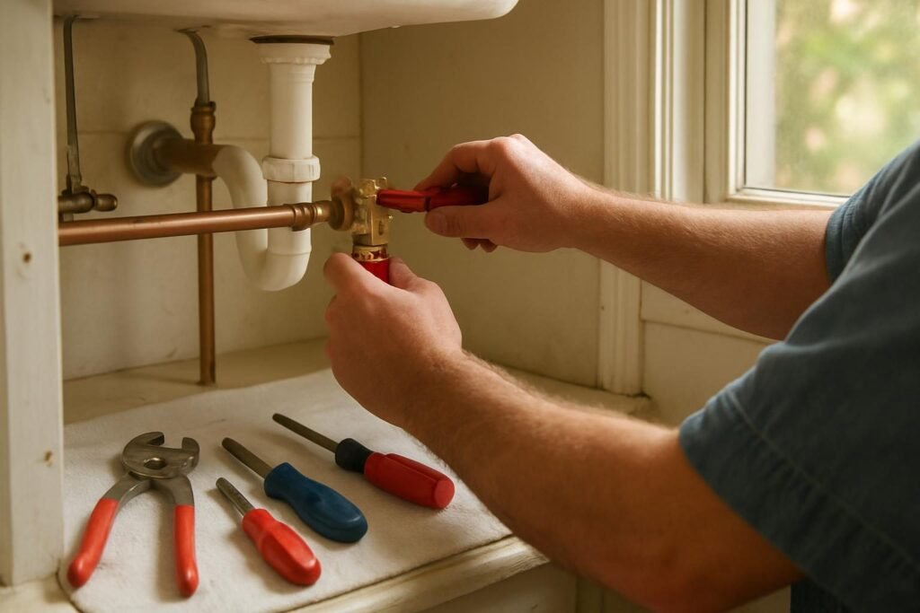 Plumber repairing copper pipes under a sink, illustrating a plumber in New Bern NC