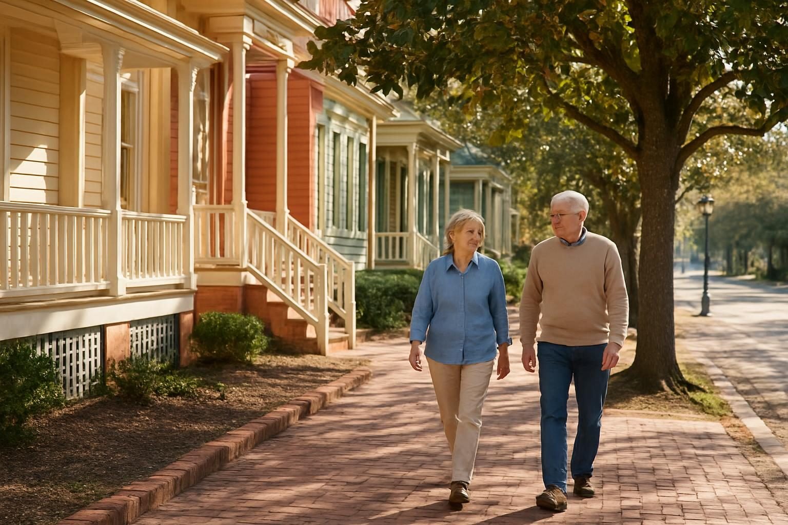 Older residents walking a brick sidewalk past historic homes
