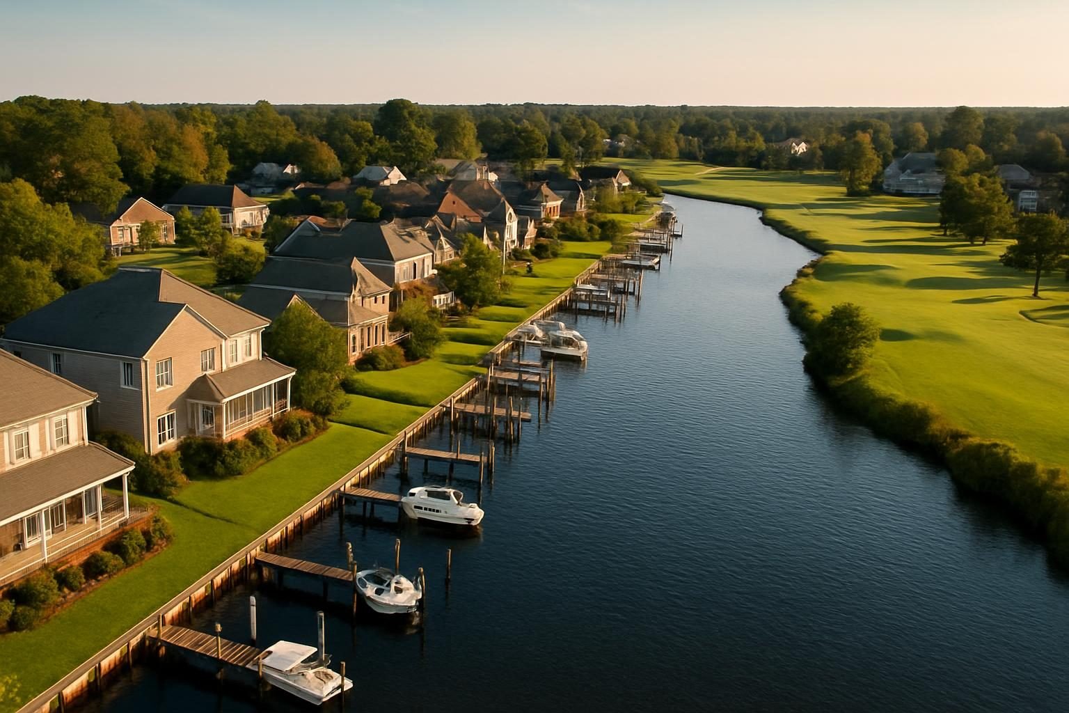 Canal-front homes with docks and a golf fairway in a waterfront community