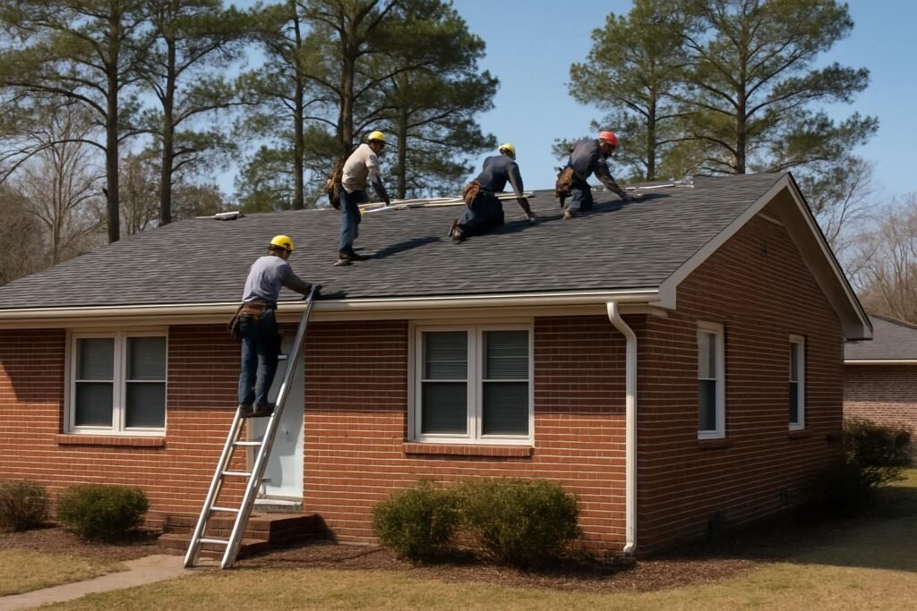 Crew installing new shingles as part of a roof replacement cost new bern nc project
